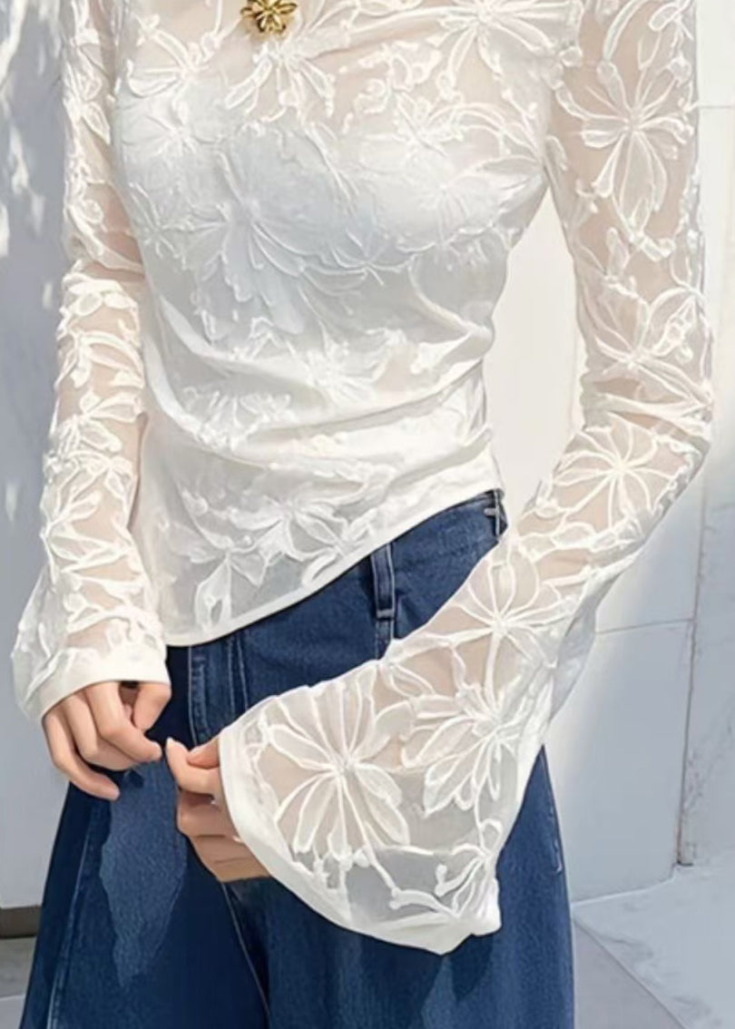Shirts Slim Asymmetrical Tulle T White Fit Flare Sleeve Jacquard
