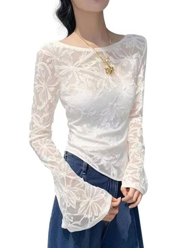 Shirts Slim Asymmetrical Tulle T White Fit Flare Sleeve Jacquard