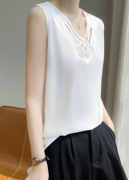 White Nail Sleeveless Bead Solid Tank Neck Silk V