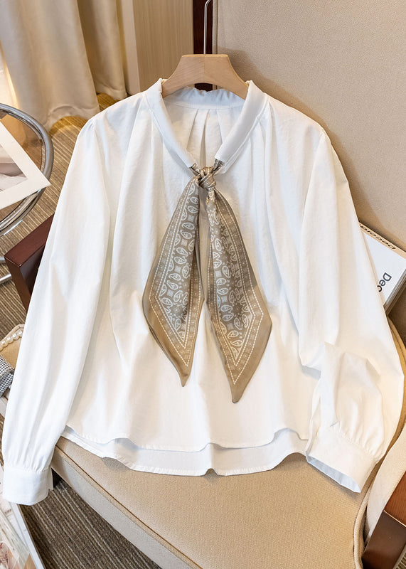 White Oversized Cotton Blouses Scarves Spring YK028