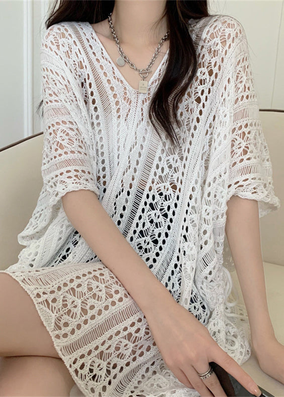 Knit Summer Hollow Patchwork T Out White Shirts