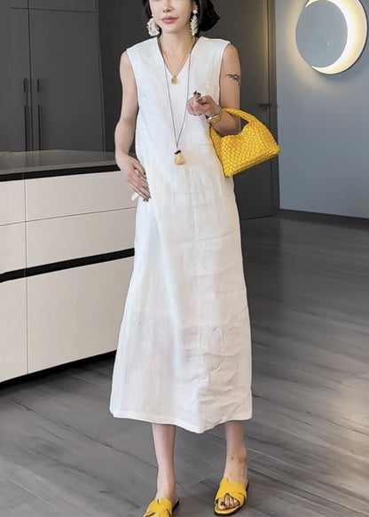 Pockets V Long Two Neck Summer Cotton White Pieces Dress False