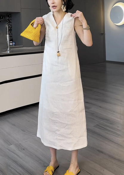 Pockets V Long Two Neck Summer Cotton White Pieces Dress False