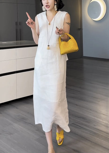 Pockets V Long Two Neck Summer Cotton White Pieces Dress False