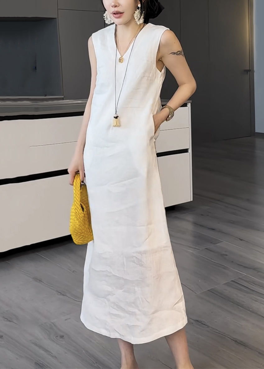 Pockets V Long Two Neck Summer Cotton White Pieces Dress False