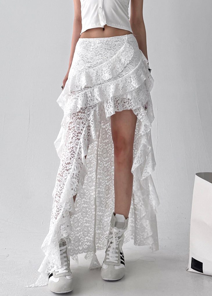 Skirt Asymmetrical White Ruffled Solid Lace Summer