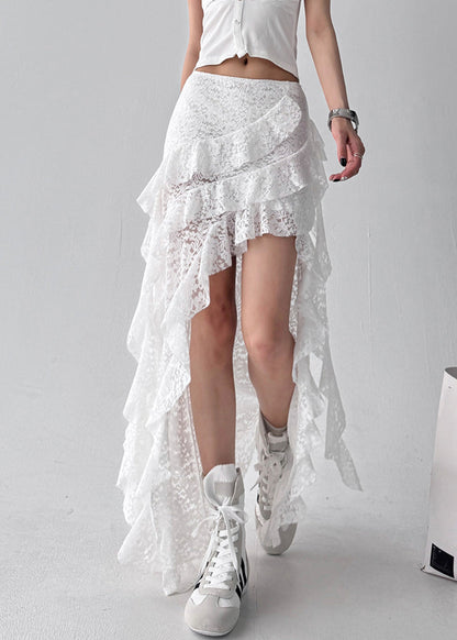 Skirt Asymmetrical White Ruffled Solid Lace Summer