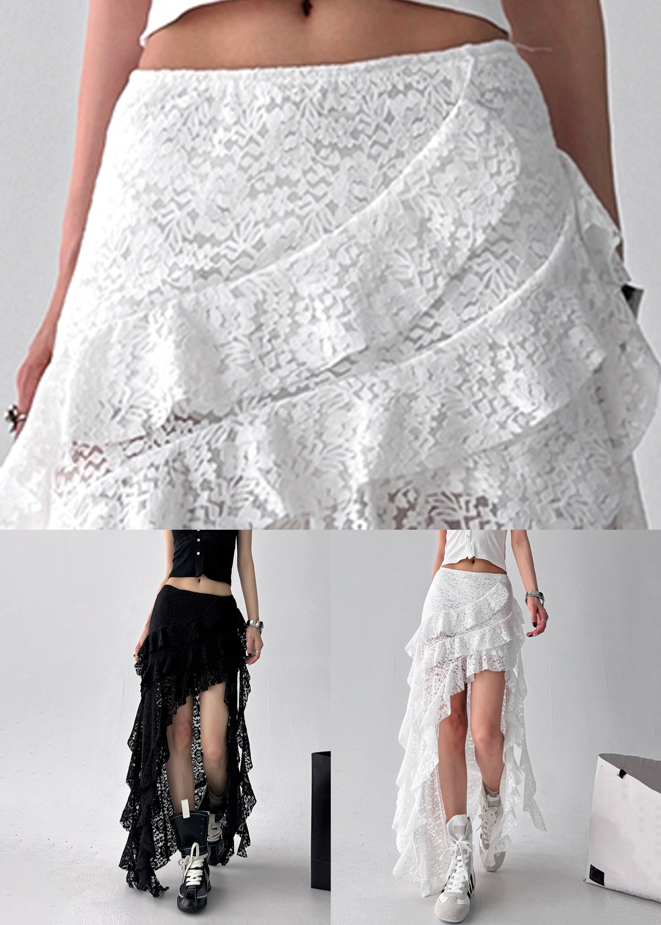 Skirt Asymmetrical White Ruffled Solid Lace Summer