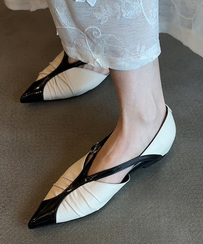 Pointed Sheepskin Flat Boutique Shoes White Toe Splicing