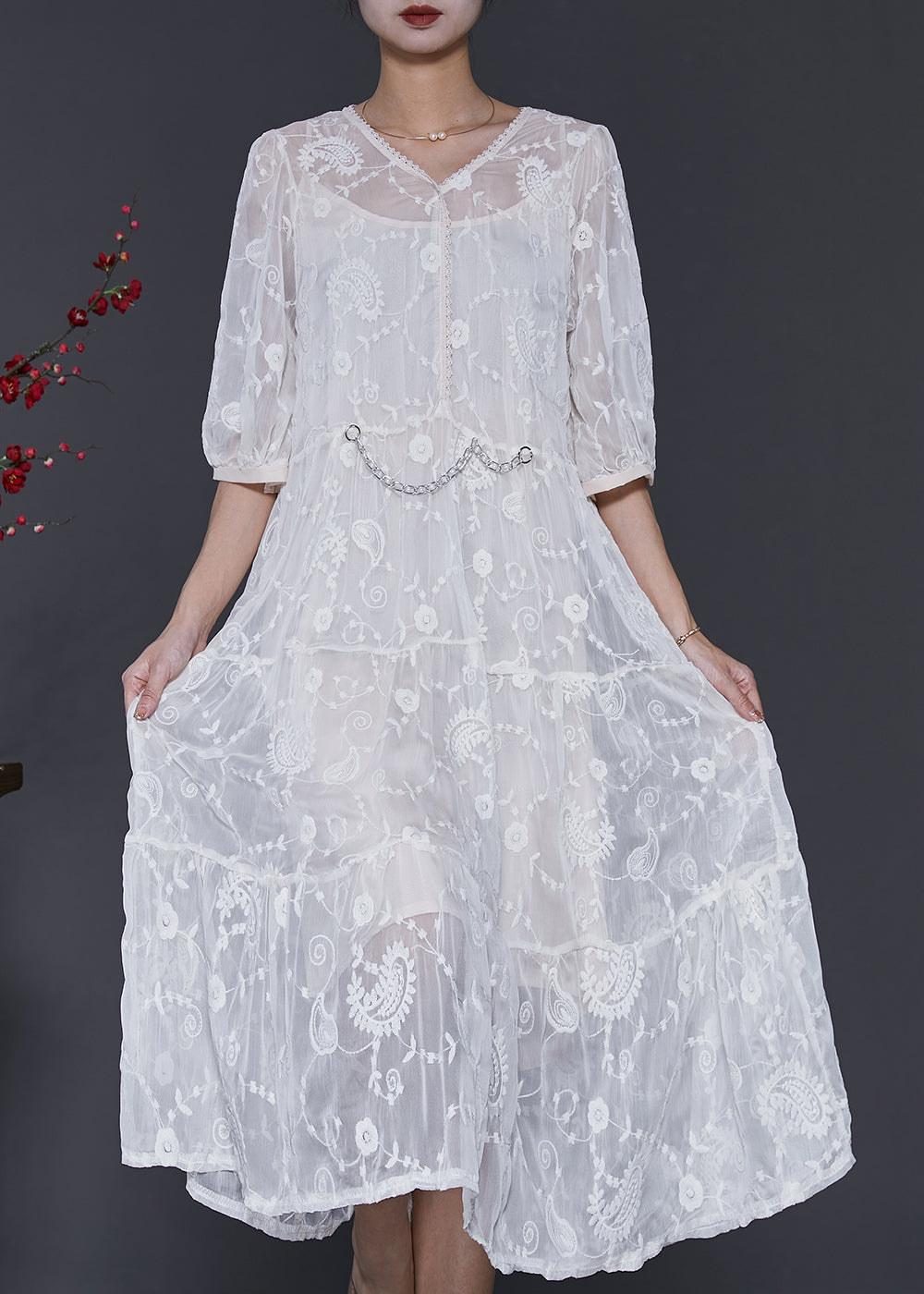 White Silk Maxi Dress V Neck Embroidered Half Sleeve SD1073