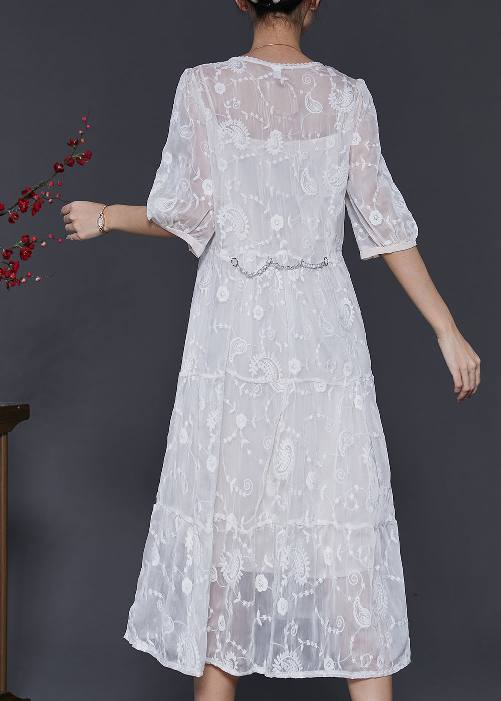 White Silk Maxi Dress V Neck Embroidered Half Sleeve SD1073