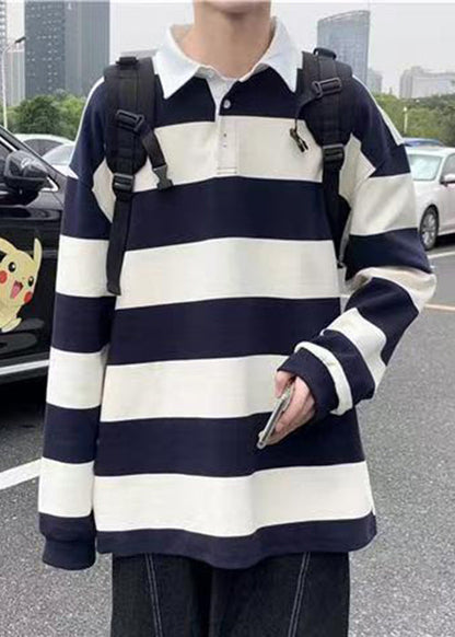 Spring Button Polo White Cotton Shirts Striped Mens