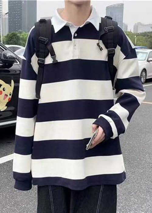 Spring Button Polo White Cotton Shirts Striped Mens