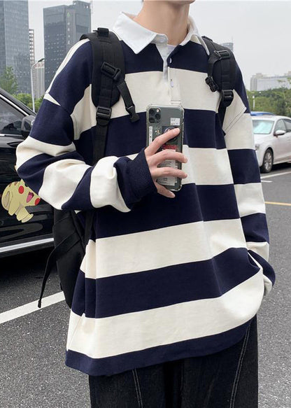 Spring Button Polo White Cotton Shirts Striped Mens