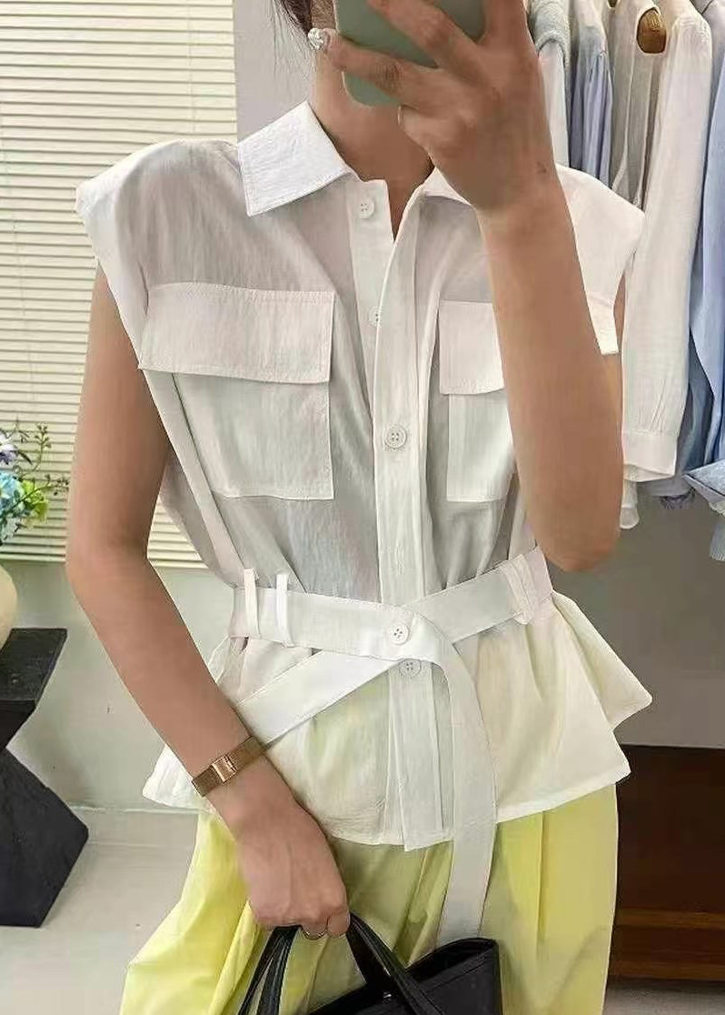 White Tie Collar Cotton Blouses Pan Peter Summer Waist