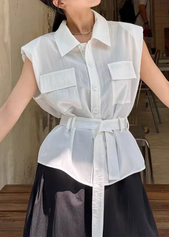 White Tie Collar Cotton Blouses Pan Peter Summer Waist