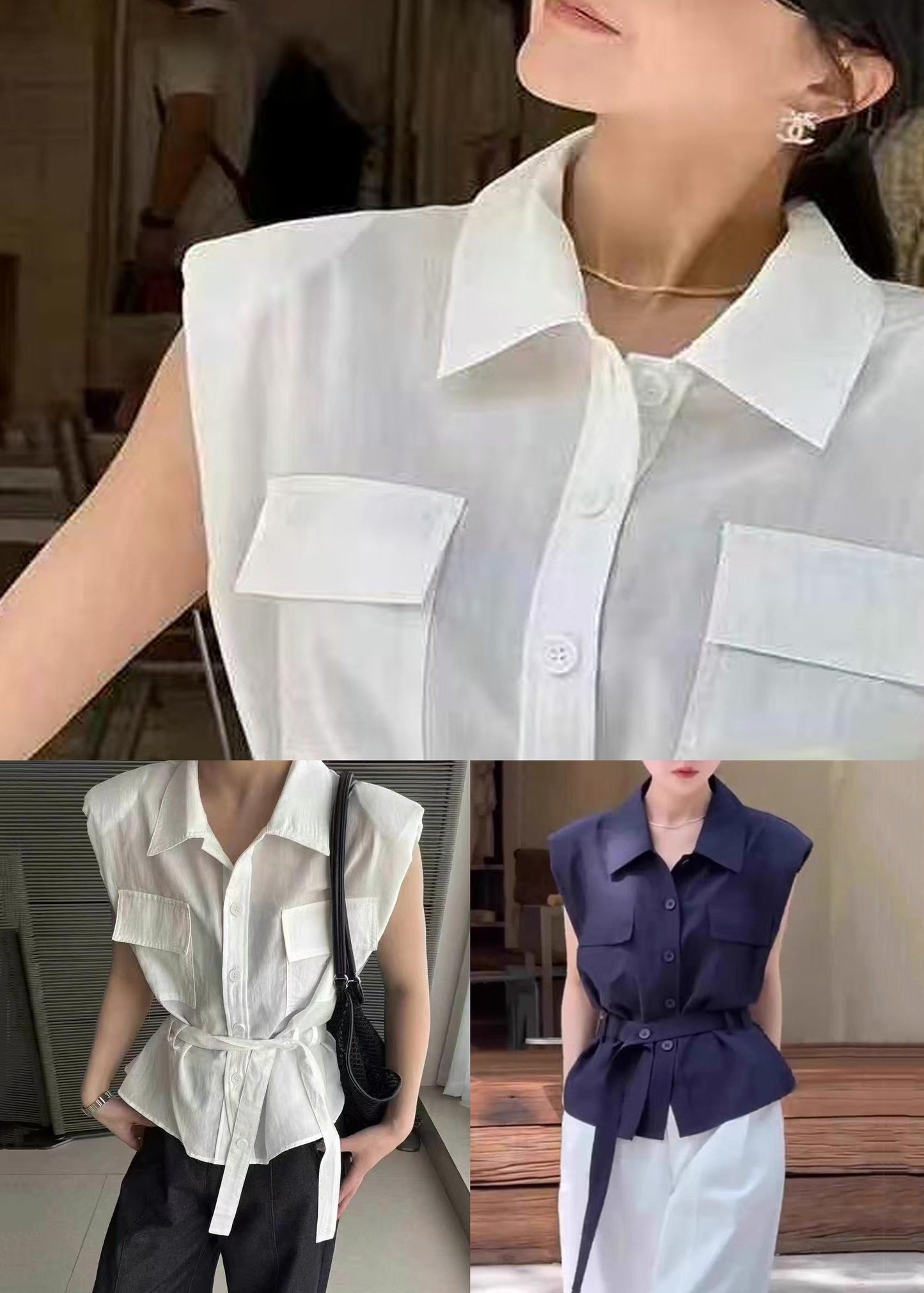 White Tie Collar Cotton Blouses Pan Peter Summer Waist
