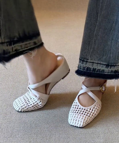 Slide Splicing Sheepskin Sandals Wedge Elegant White