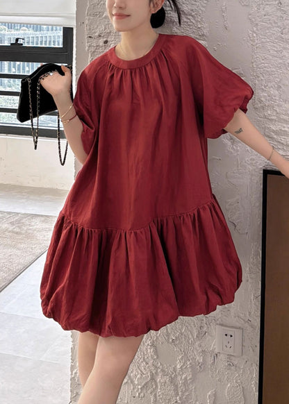 Button Solid Wine O Linen Puff Sleeve Dresses Neck Back Red