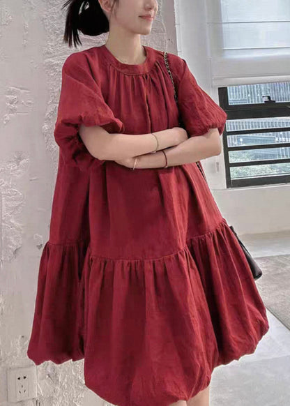 Button Solid Wine O Linen Puff Sleeve Dresses Neck Back Red
