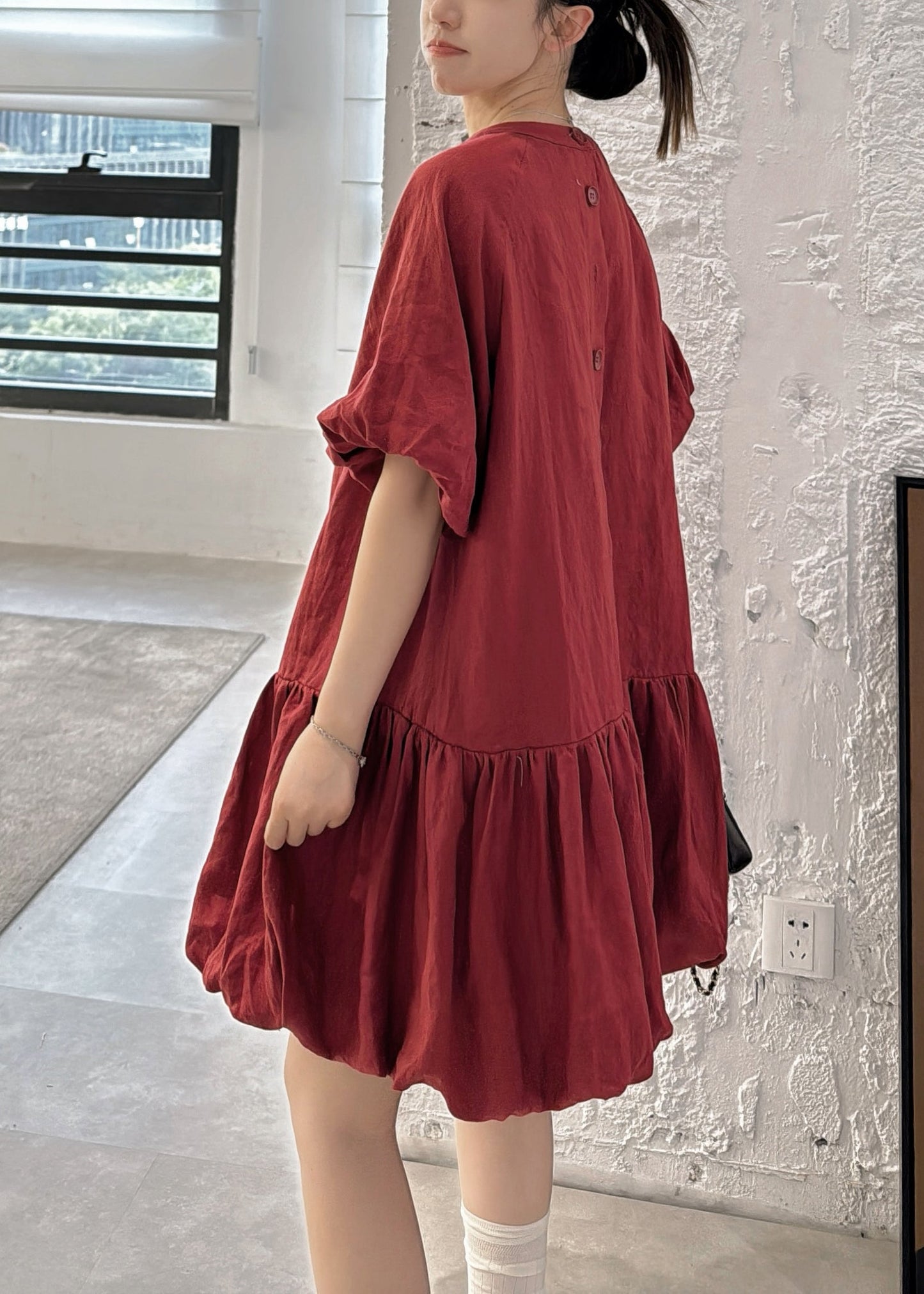 Button Solid Wine O Linen Puff Sleeve Dresses Neck Back Red