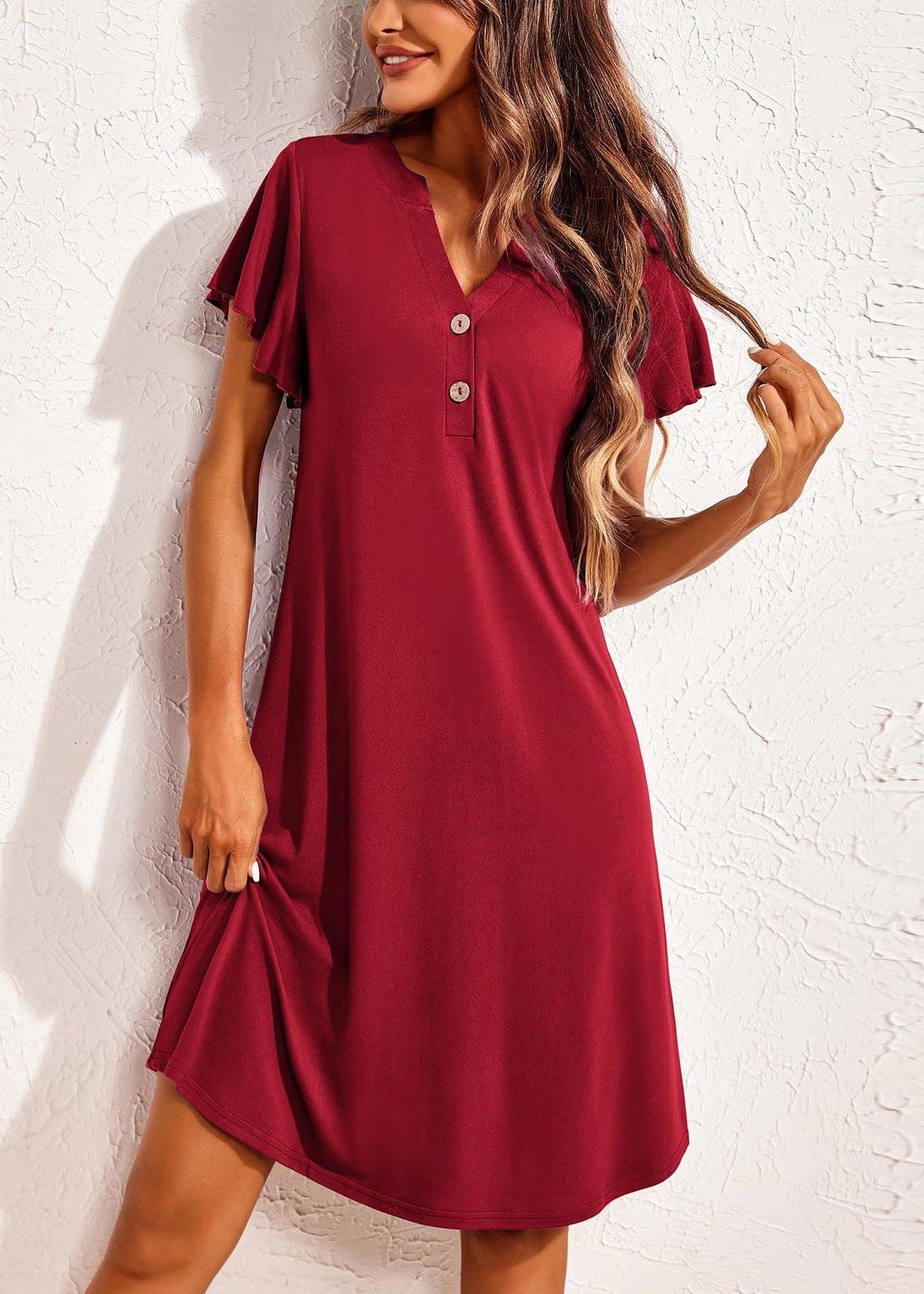 Summer Red Pajamas Neck V Cotton Wine Dresses Solid