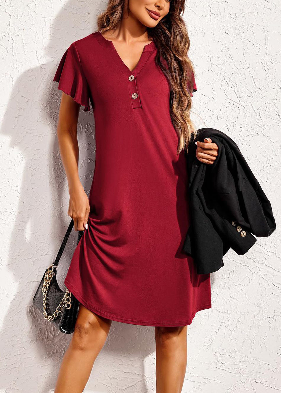 Summer Red Pajamas Neck V Cotton Wine Dresses Solid