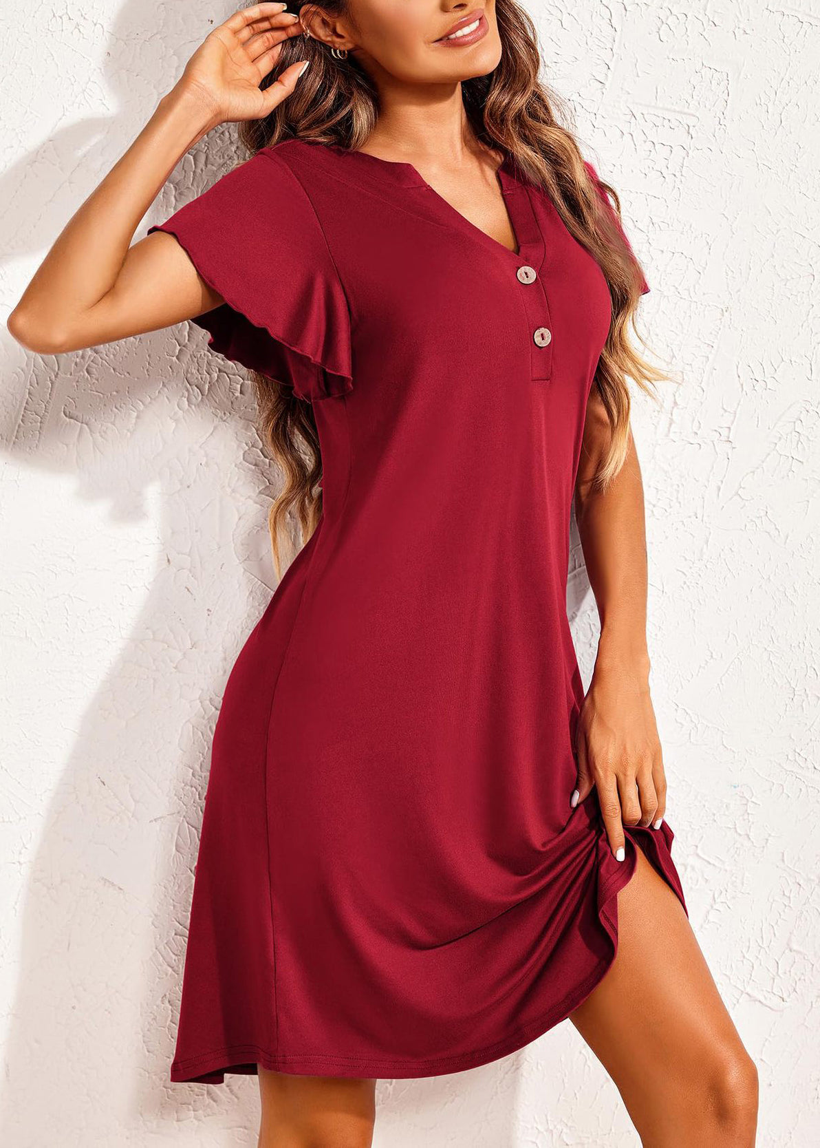 Summer Red Pajamas Neck V Cotton Wine Dresses Solid