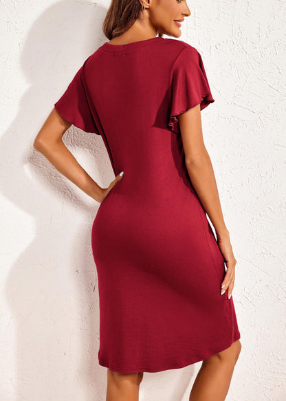 Summer Red Pajamas Neck V Cotton Wine Dresses Solid