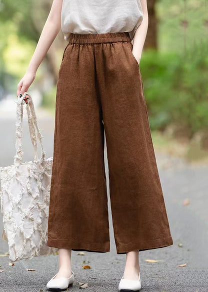 Pants Elastic Summer Waist Linen Crop Wine Solid Red