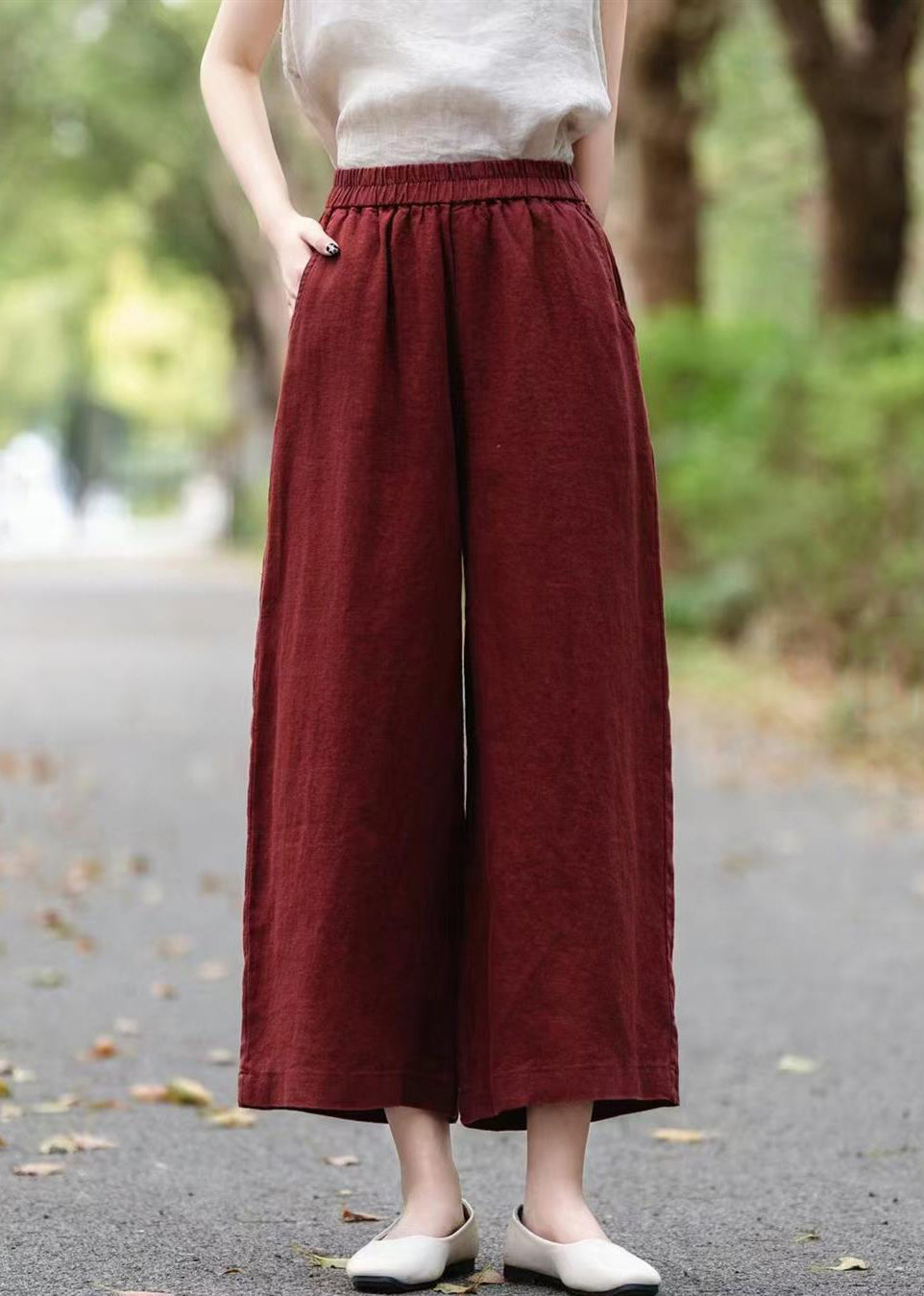 Pants Elastic Summer Waist Linen Crop Wine Solid Red