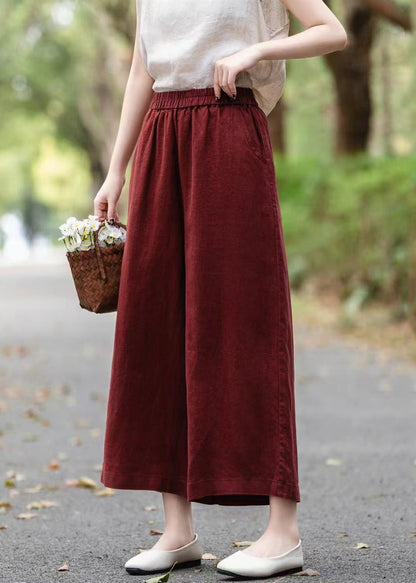 Pants Elastic Summer Waist Linen Crop Wine Solid Red