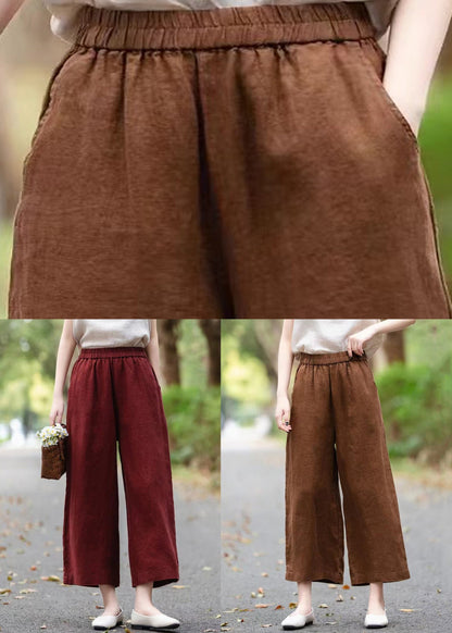 Pants Elastic Summer Waist Linen Crop Wine Solid Red