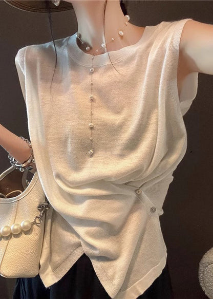 Asymmetrical Button Knit Open Side Sleeveless Tanks Apricot Women