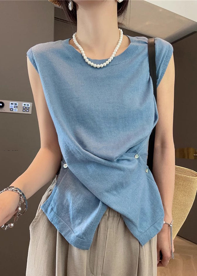 Asymmetrical Button Knit Open Side Sleeveless Tanks Apricot Women