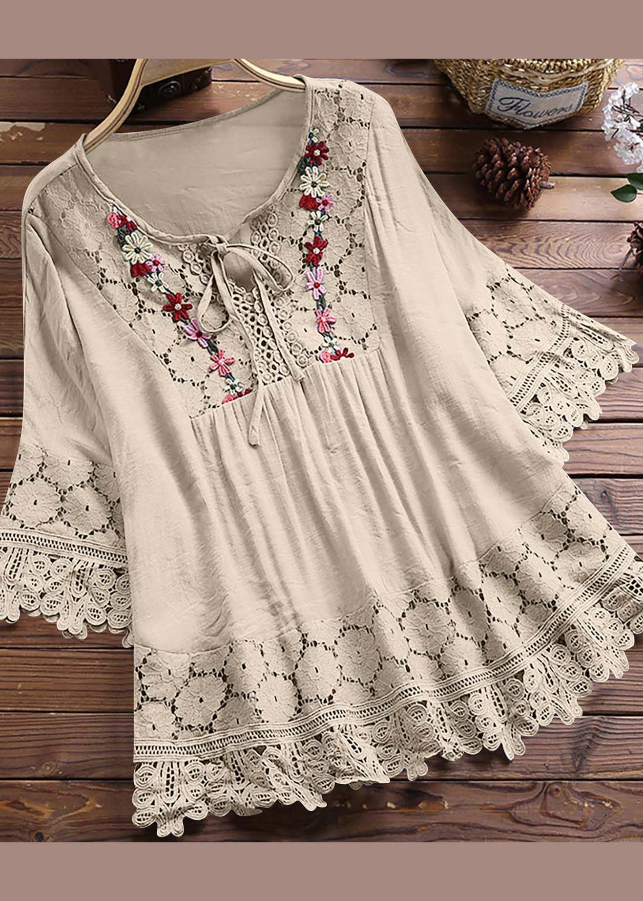 Apricot Summer T Shirt Neck Patchwork Lace Women O