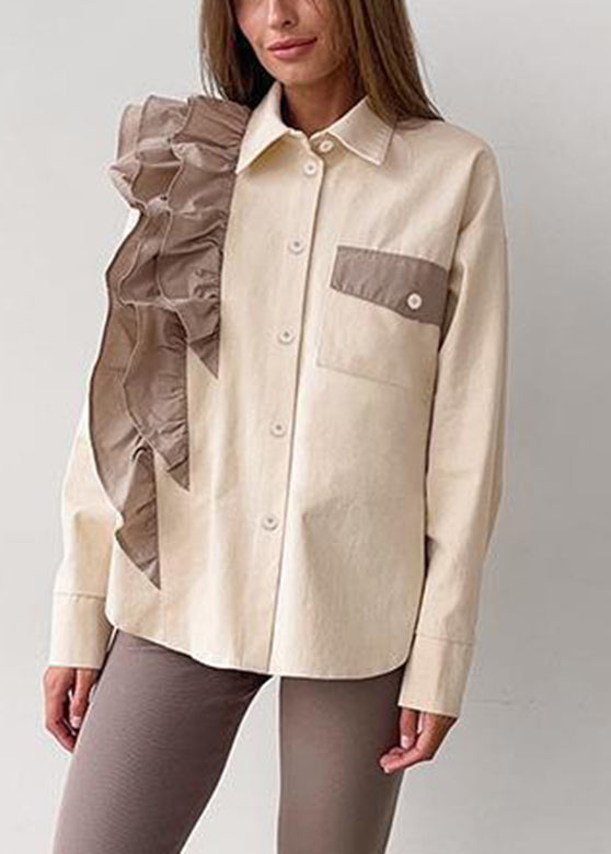 Shirt Ruffled Collar Pan Apricot Peter Women Patchwork