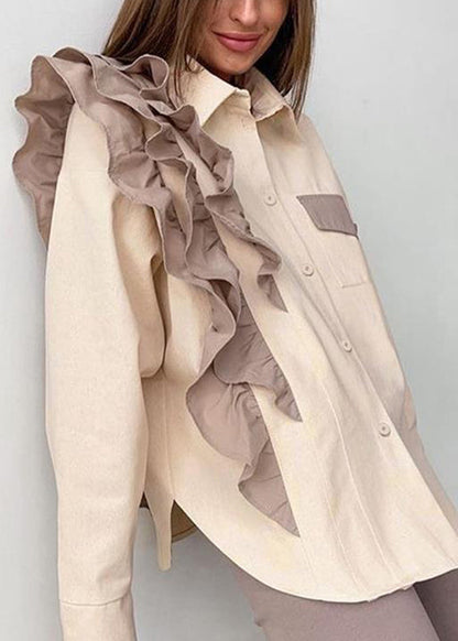 Shirt Ruffled Collar Pan Apricot Peter Women Patchwork