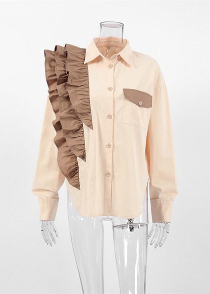 Shirt Ruffled Collar Pan Apricot Peter Women Patchwork