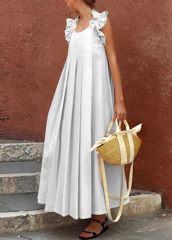 Sleeveless Apricot Cotton Long Ruffled Solid Women Dress