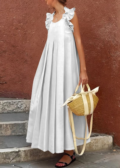 Sleeveless Apricot Cotton Long Ruffled Solid Women Dress