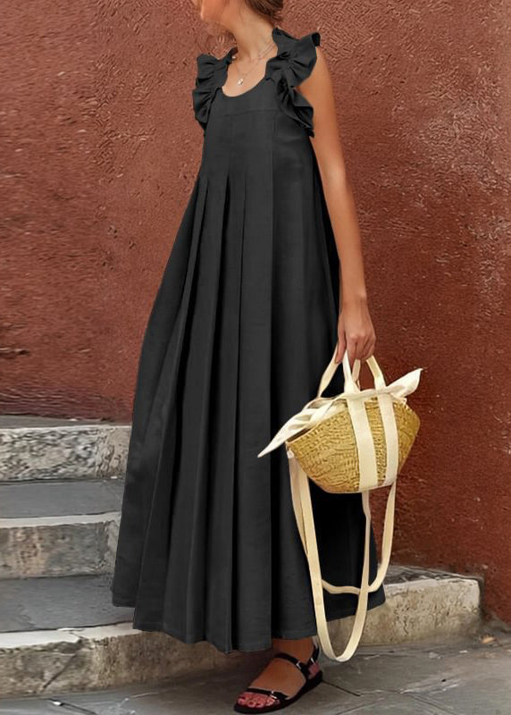 Sleeveless Apricot Cotton Long Ruffled Solid Women Dress