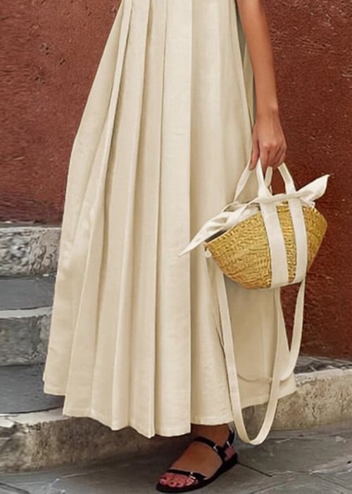 Sleeveless Apricot Cotton Long Ruffled Solid Women Dress