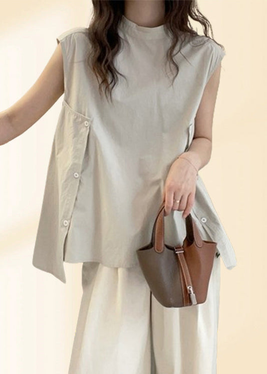 Collar Women Short Shirt Sleeve Stand Apricot Asymmetrical T