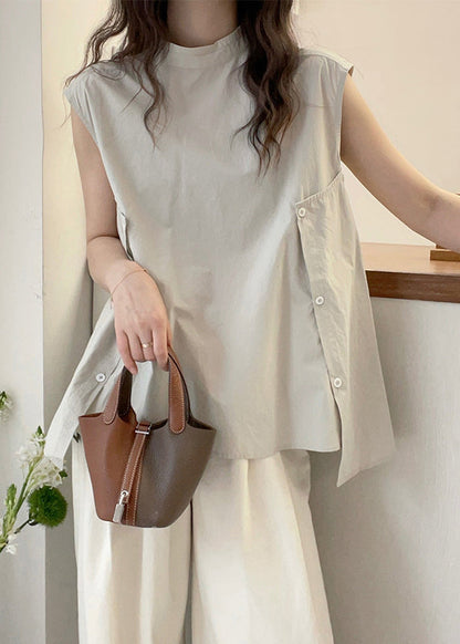 Collar Women Short Shirt Sleeve Stand Apricot Asymmetrical T