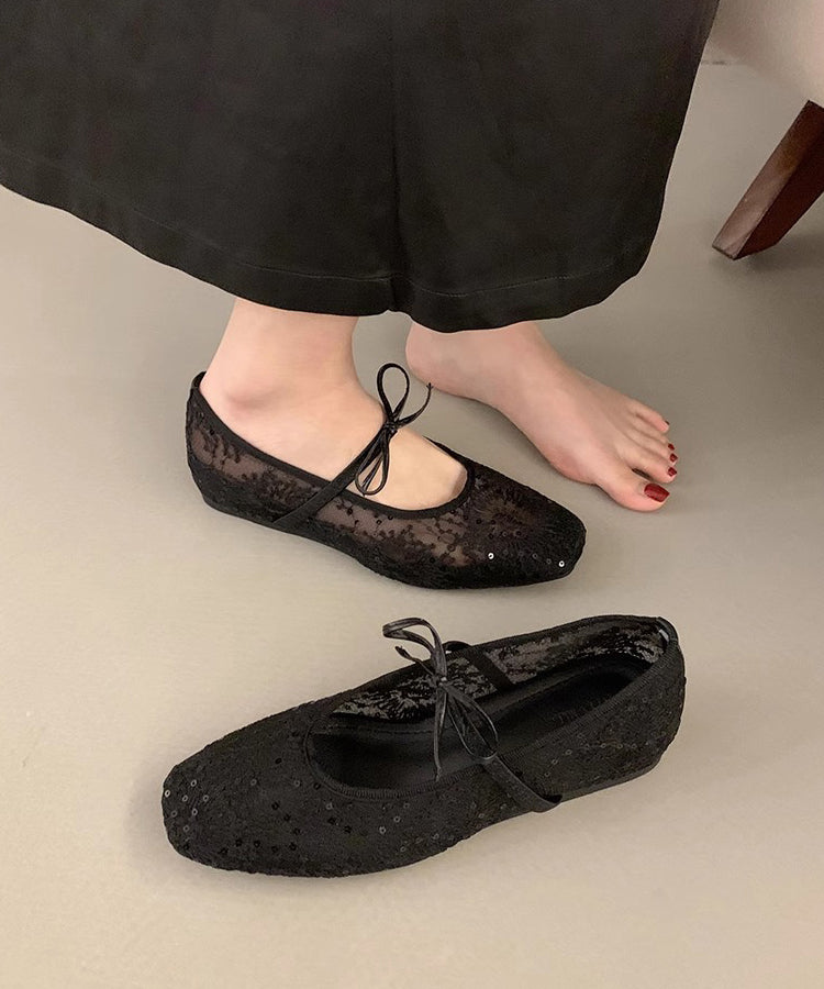 Women Splicing Embroidered Flats Breathable Mesh Bow Beige