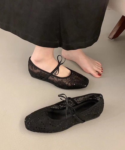 Women Splicing Embroidered Flats Breathable Mesh Bow Beige