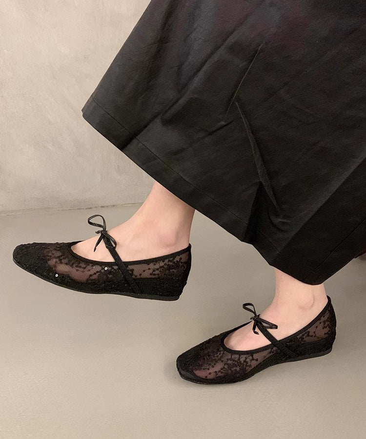 Women Splicing Embroidered Flats Breathable Mesh Bow Beige