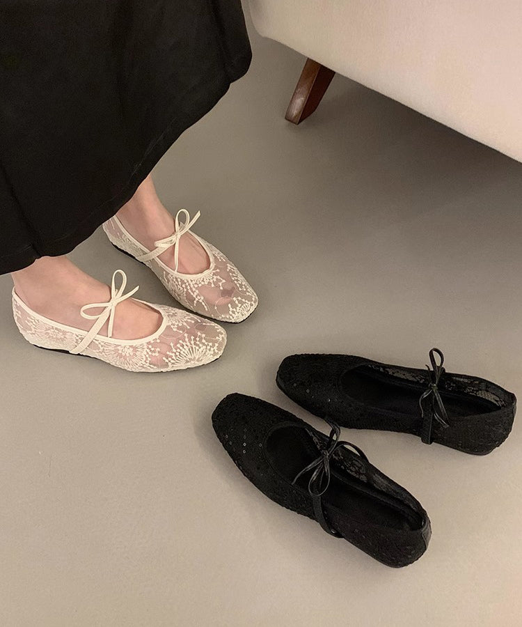 Women Splicing Embroidered Flats Breathable Mesh Bow Beige