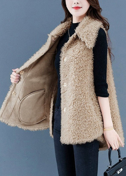 Women Beige Button Pockets Teddy Faux Fur Waistcoat Sleeveless ER032